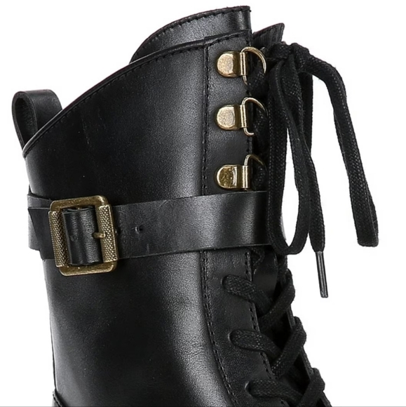 Antonio Melani Black Dylan Buckle Leather Lug Sole Combat Booties - Picture 2 of 2